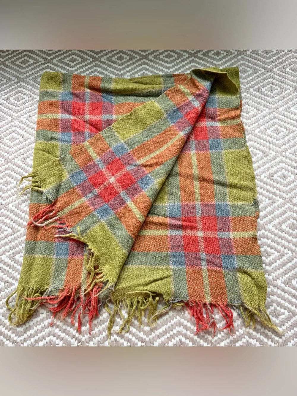 Green Plaid Tartan Woven Wool Mohair Tassel Throw Blanket Vintage